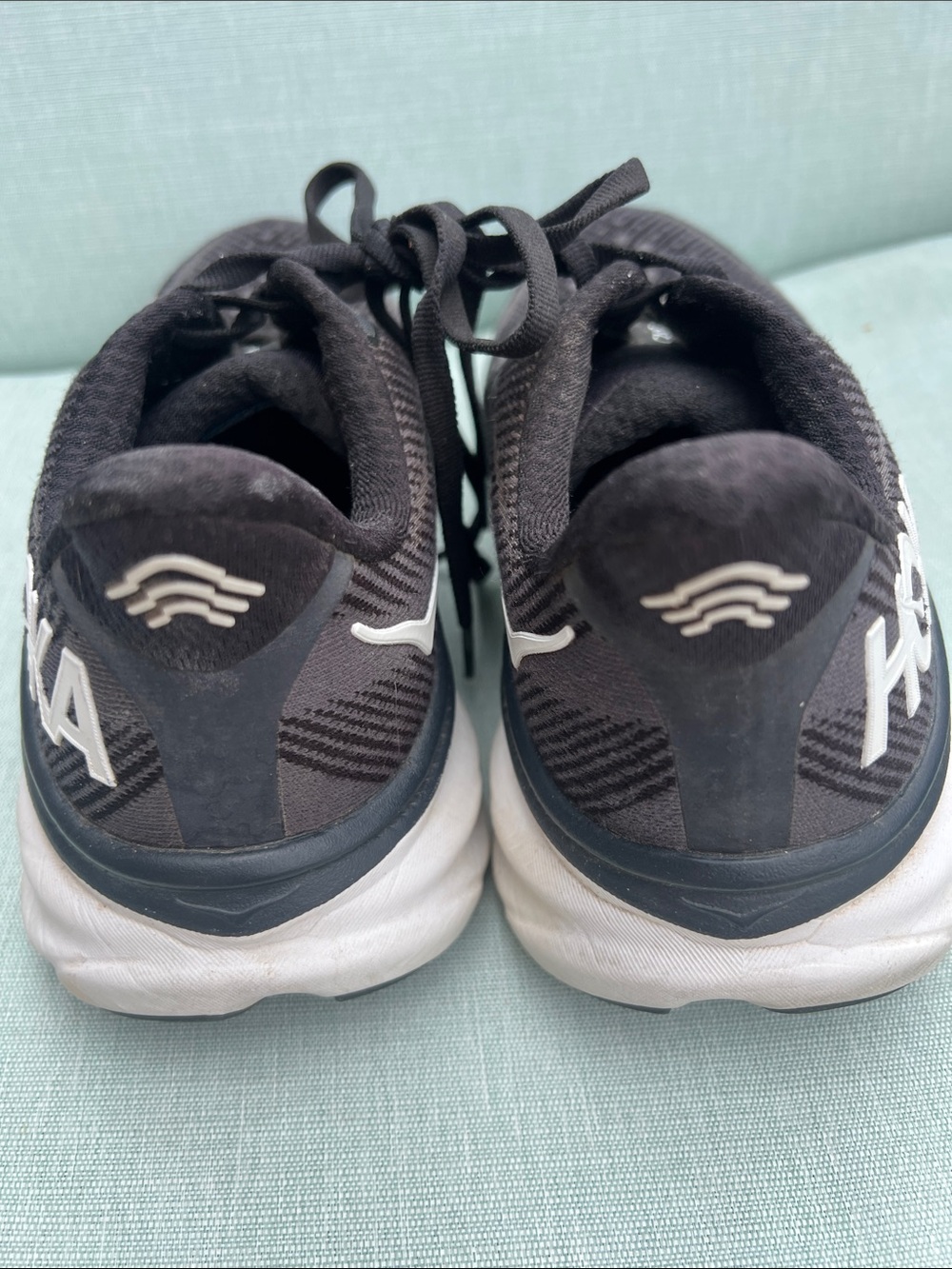 Hoka Black and White Clifton 9 Cushioned Running Shoes - Picture 3 of 5